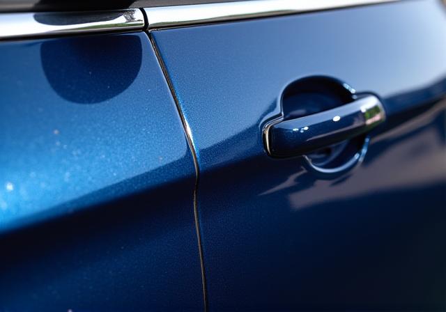 Before and after of paint correction on a dark blue sedan. After shows a mirror-like, swirl-free finish.