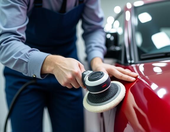 A uniformed technician polishing a car with focused intensity.